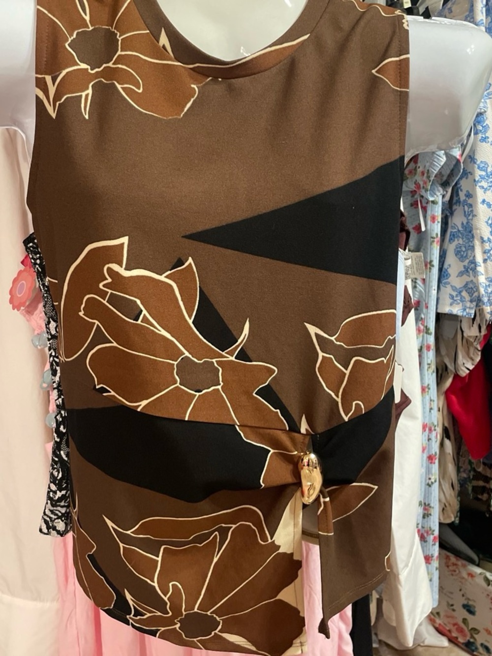 Women's Brown Floral Tie-Waist Sleeveless top